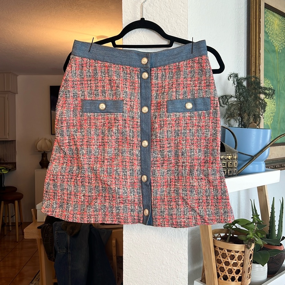 Maje Tweed and Denim Mini Skirt